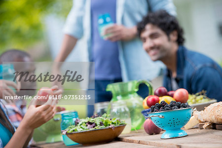 A summer party outdoors. A group of friends at a table.