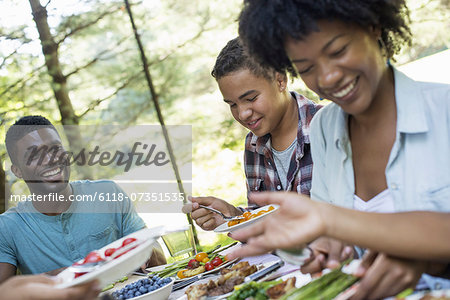 A family picnic meal in the shade of tall trees. Parents and children helping themselves to fresh fruits and vegetables.