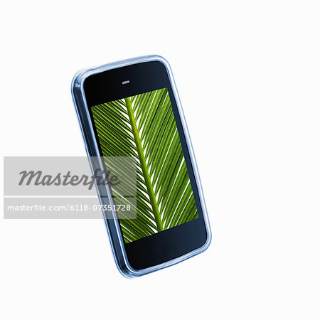 A small handheld communication device or phone with a green palm leaf image on the screen.