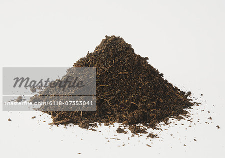 A pile of organic compost on a white background.