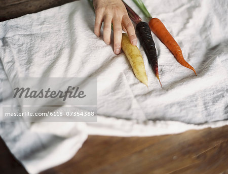 A domestic kitchen table. A person arranging fresh carrots on a white cloth.