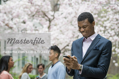 City life in spring. Young people outdoors in a city park. A man checking his cell phone. Four people in the shade of a cherry blossom tree.