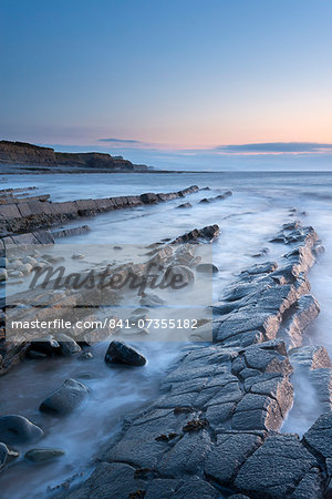 Rocky ledges in twilight, Kilve Beach, Somerset, England, United Kingdom, Europe