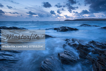 Twilight over Trevose Head from the rocky shores of Treyarnon Point, Cornwall, England, United Kingdom, Europe