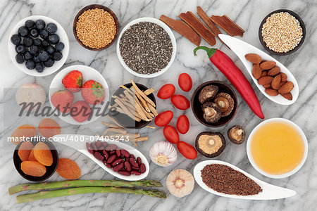 Health food selection over a marble background.