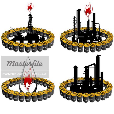 Barrel of oil products and oil platforms. Illustration on white background.