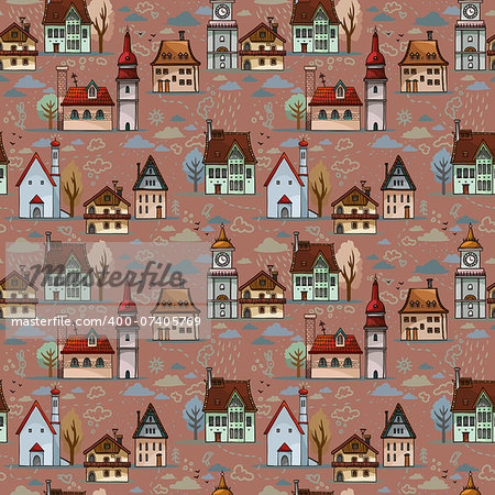 Seamless autumn pattern with cartoon houses