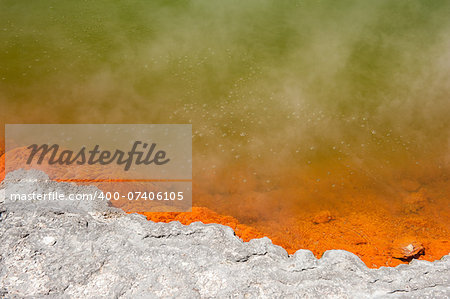 Detail of steaming spring with bubbles champagne pool in Wai-O-Tapu geothermal area, Rotorua, New Zealand