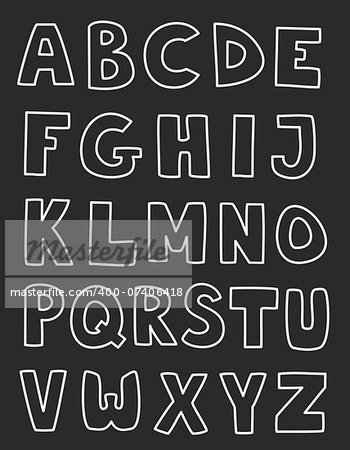 Alphabet letters hand drawn vector set isolated on dark background. Kids doodle abc white and black cartoon sign collection on blackboard.