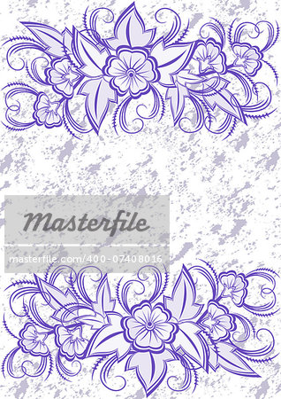 Illustration of frame from abstract flowers in lilac color and grunge background