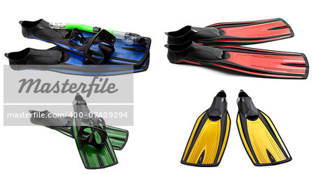 Set of multicolored swim fins, mask and snorkel for diving isolated on white background