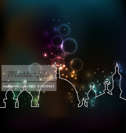 Illustration cute glowing background with mosque - vector