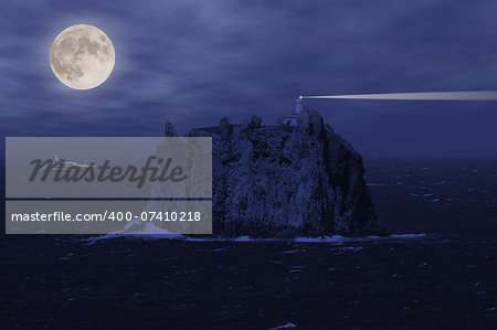 Stromboli island and yacht in the open sea at night.