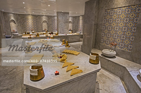 Interior of large turkish bath hammam in luxury health spa