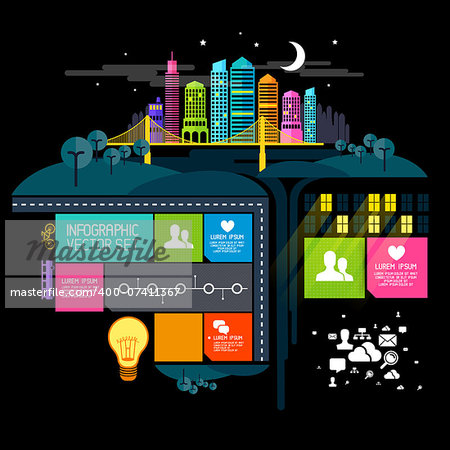 City at Night, vector illustration with infographic elements