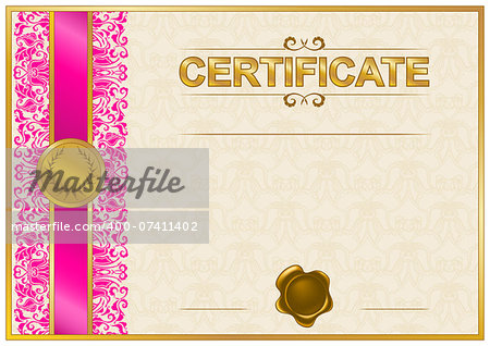 Elegant template of certificate, diploma with lace ornament, wax seal, place for text. Vector illustration EPS 8.