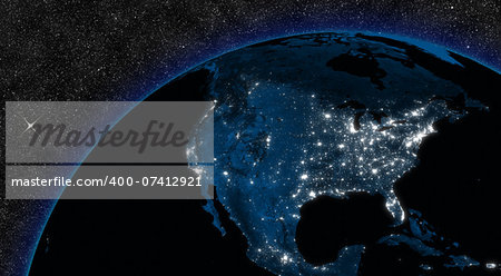 Night in North America with city lights viewed from space. Elements of this image furnished by NASA.