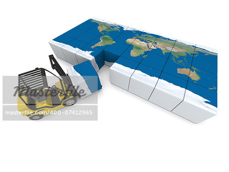Concept of global transportation, modern yellow forklift carrying piece of global map, isolated on white background. Elements of this image furnished by NASA.