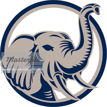Illustration of an elephant head viewed from front set inside circle on isolated white background done in retro style.