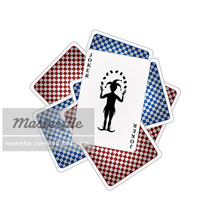 Back side of playing cards and joker on white background