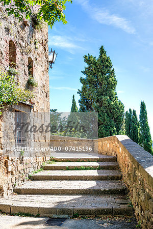 Stairs in Pienza, Italy, on a sunny day