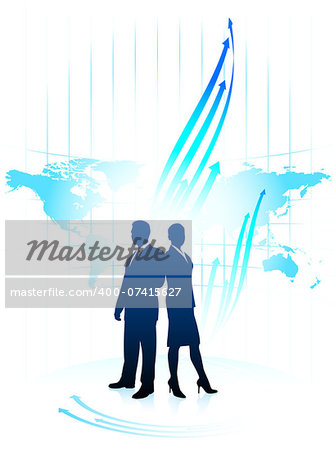 Businessman and businesswoman on world map background Original Vector Illustration