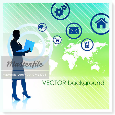 Businesswoman with World Map on Vector Background Original Illustration