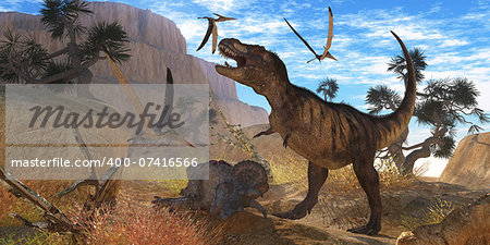 A Tyrannosaurus Rex dinosaur tries to eat his Triceratops kill when Pteranodons harass him.