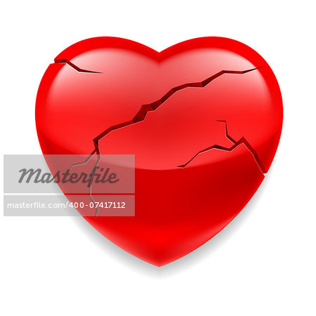 Shiny red cracked heart  on white background