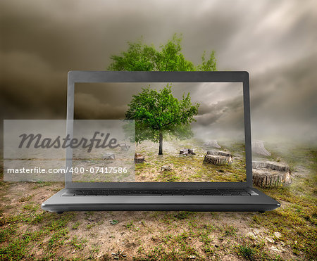 Tree and stumps on the monitor of a notebook