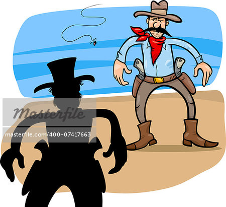 Cartoon Illustration of Two Gunmen or Cowboys Gunfight Duel