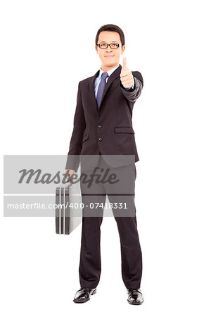 happy businessman holding briefcase and  thumb up