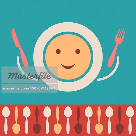 Retro restaurant menu background with cutlery and plate