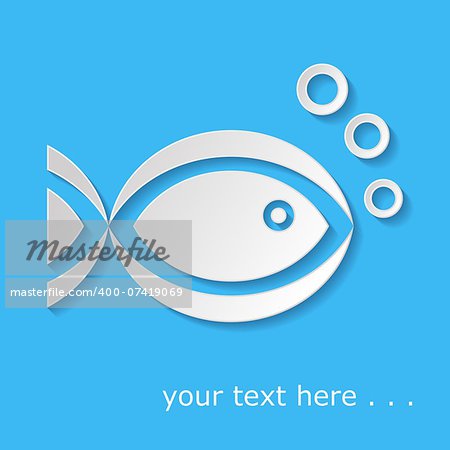 White fish icon with bubbles on blue background