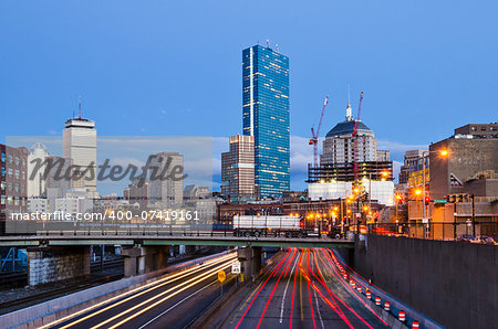 Boston, Massachusetts skyline over the turnpike.