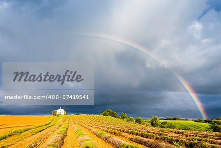 chapel with lavender field and rainbow, Plateau de Valensole, Provence, France