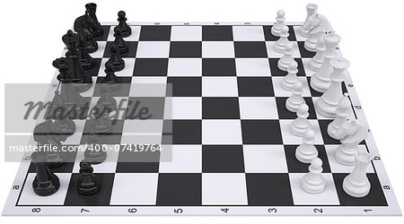 Chess on the chessboard. Isolated render on a white background