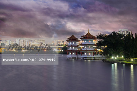 Singapore Chinese Garden with Twin Pagodas by the Lake at Dusk