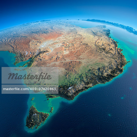 Highly detailed planet Earth in the morning. Exaggerated precise relief lit morning sun. Detailed Earth. Australia and Tasmania. Elements of this image furnished by NASA