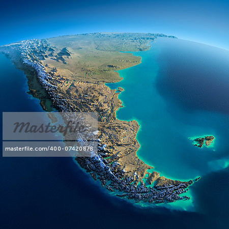 Highly detailed planet Earth in the morning. Exaggerated precise relief lit morning sun. Detailed Earth. South America. Tierra del Fuego. Elements of this image furnished by NASA