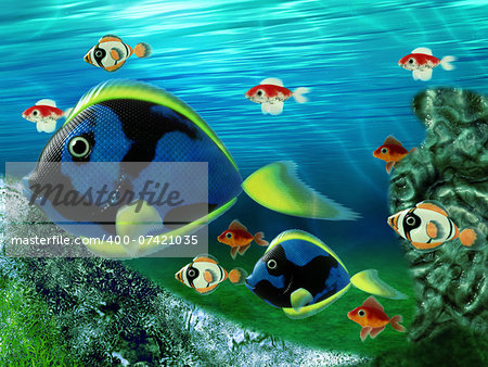 Underwater scene with coral plants and tropical fishes.