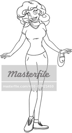 Vector illustration coloring page of an african girl in tshirt and long pants.