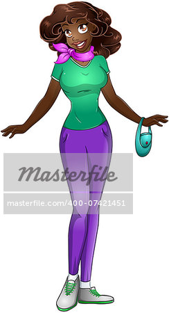 Vector illustration of an african teenage girl in tshirt and long pants.