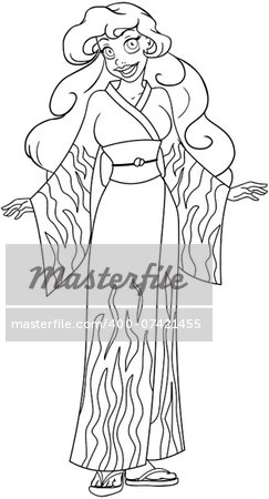 Vector illustration coloring page of an african woman in traditional japanese kimono.