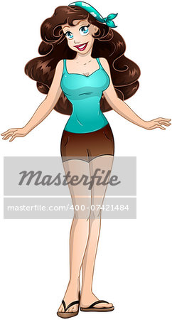 Vector illustration of a brunette teenage girl in tanktop and short pants.