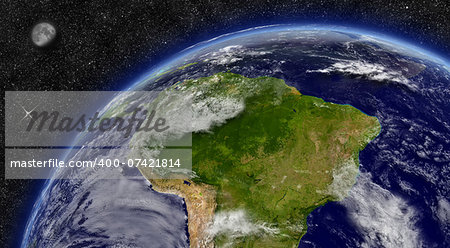 South America region on planet Earth from space with Moon and stars in the background. Elements of this image furnished by NASA.