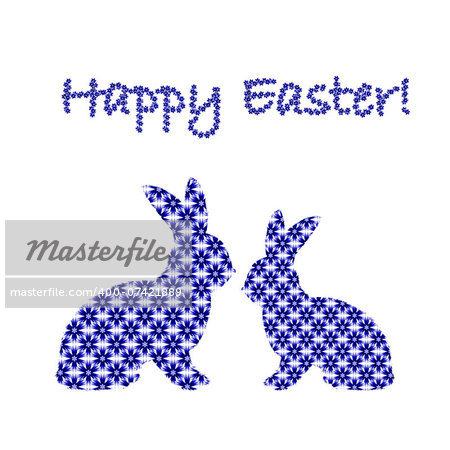 Silhouette of two Easter bunny rabbits decorated with cornflower floral pattern. Design Easter colorful card. Vector-art illustration on a white background
