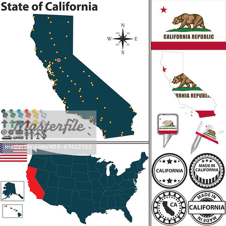 Vector set of California state with flag and icons on white background