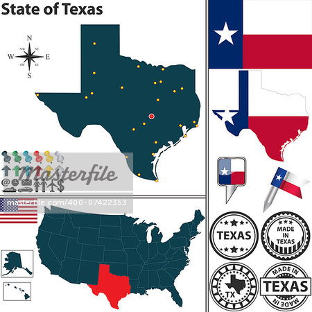 Vector set of Texas state with flag, coat of arms and icons on white background