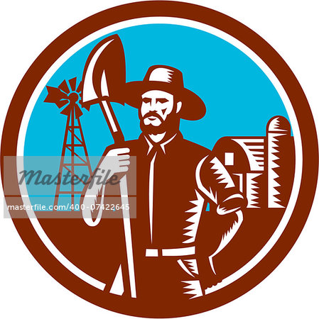 Illustration of organic farmer holding shovel with windmill and barn farmhouse in background set inside circle done in retro woodcut style.